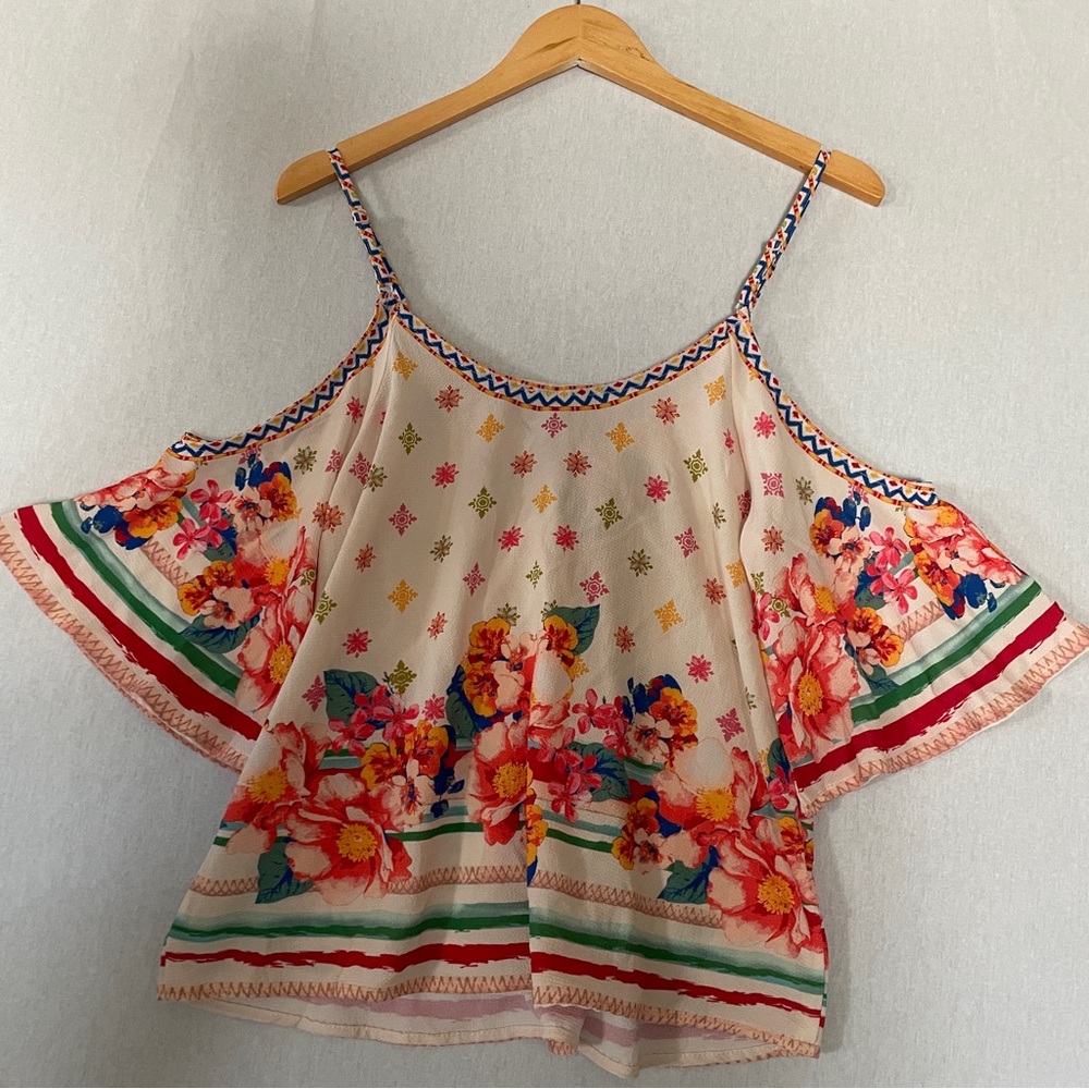 Flying Tomato Sz XS Blouse Women Beige Pullover Cold Shoulder V-Neck Boho Preppy - Picture 9 of 9